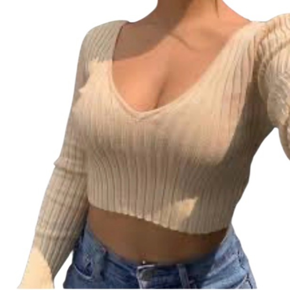 Hera Collection Beige Ribbed Crop Top women Medium Long Sleeves v neck casual